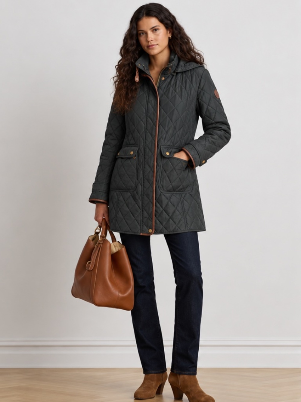 Lauren Ralph Lauren Quilted Parka Jacket Women's S Green Hooded Long Elbow patch